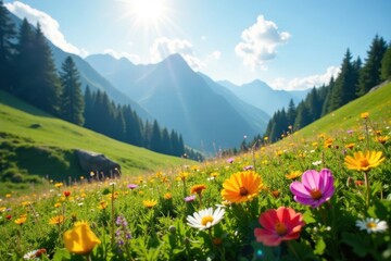 Fototapeta premium Sun-drenched Alpine meadow, vibrant wildflowers blooming , beauty, breathtaking