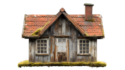 Small old abandoned wooden house with moss growing on the roof, cutout on transparent background and ready to be used in photo editing projects