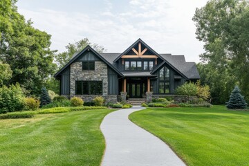 Modern architectural design featuring a black and stone house with a spacious lawn and pathway surrounded by lush greenery in a serene neighborhood setting