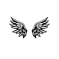 Fototapeta premium Symbolic depiction of symmetrical black angel wings, a contrasting artistic rendering, set on white background.