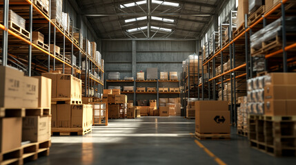 Interior of large warehouse with goods in wooden containers and cardboard parcel boxes on pallets and metal shelves and racks. Cartoon vector illustration of factory or store storage room inside.