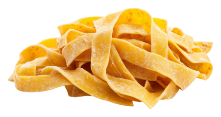 Close-up of fresh uncooked yellow tagliatelle pasta against transparent background. Italian cuisine and cooking concept