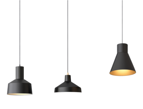 Three modern black pendant lamps with minimalistic design against transparent background. Contemporary lighting fixtures concept.