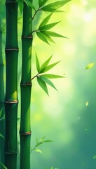 Sunlight filters through translucent watercolor bamboo, creating soft shadows , foliage, light