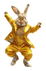 Obraz premium Energetic rabbit in a shiny gold suit jumping with excitement, white background. Festive celebration and joyful occasion concept