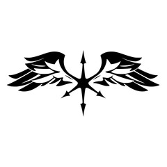 Black silhouette of winged emblem with a central arrow-like point and a unique star-like design.