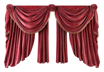 Elegant red velvet curtains with ornate drapery and floral rosettes, luxury home decor. Transparent background