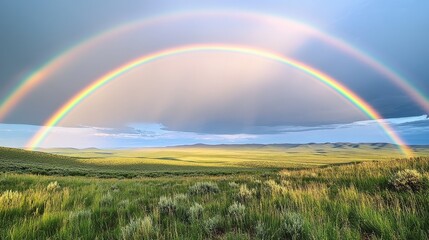 Obraz premium A stunning, multicolored rainbow arcs gracefully over a vibrant green field that lies beneath a cloudy sky