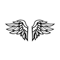 Fototapeta premium Black-and-white, symmetrical vector illustration of open angel wings on a white background.