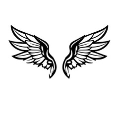 Black angel wings in a minimalist, graphic style against a white background, perfect for use as a logo or design element.