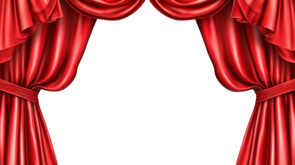 Red velvet stage curtains drawn aside revealing empty space, theatrical performance concept