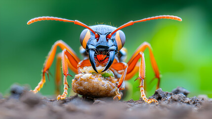 Macro Shot of a Tiny Orange and Black Ant Carrying Food