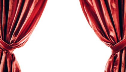 Elegant red velvet theater curtains parted and tied with ornate tassels, creating a dramatic stage entrance. Performance and luxury decor concept