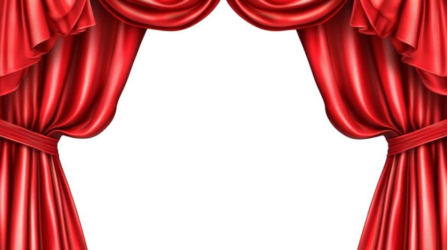 Red velvet stage curtains drawn aside revealing empty space, theatrical performance concept