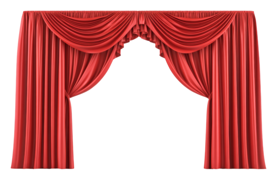 Elegant red stage curtains with classic draping style, theater interior design. Performance and drama concept