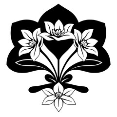 Floral, geometric, symmetrical black-and-white pattern of lilies and leaves.