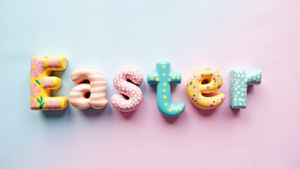 Naklejka premium Colorful letters spelling Easter are arranged on a pink and blue background showcasing vibrant designs. The playful decorations make it appealing for spring celebrations and holiday promotions