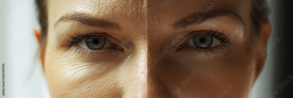 Aufkleber close up illustration of a womans face showing contrast between aged and youthful skin characteristi