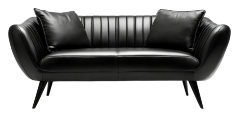 Black leather sofa with modern design and textured cushions on transparent background. Contemporary furniture style concept