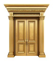 Obraz premium Ornate golden double doors with classical columns and detailed carvings, symbolizing luxury and elegance. Architectural decor and grandeur concept.