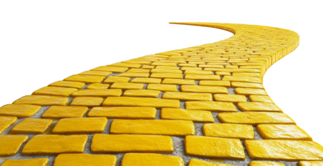 Curving yellow brick road with textured surface disappearing into the horizon. Journey and adventure concept