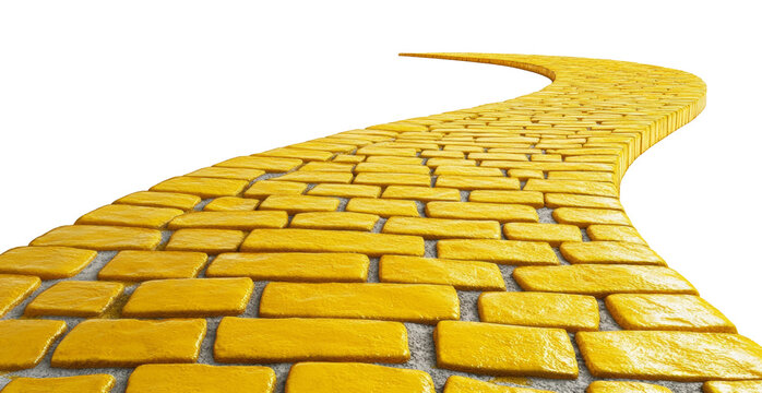 Curving yellow brick road with textured surface disappearing into the horizon. Journey and adventure concept