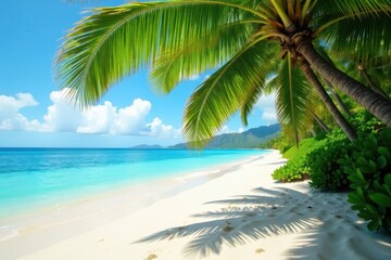 Lush palm fronds arch over pristine Hawaiian sand , sunset, tropical, sunrise