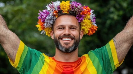Smiling Man with Pride Colors Flower Crown in Park