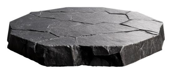 Round black stone platform with cracked surface in studio lighting, isolated on transparent background. Geology and nature texture concept
