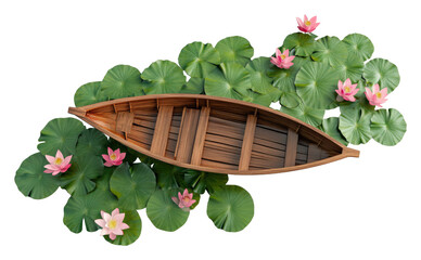 Wooden boat surrounded by floating lotus flowers and green leaves, top view on transparent background