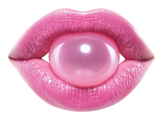 Pink glossy lips holding a bubblegum sphere, close-up artistic concept. Beauty and fashion creativity