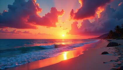 Fiery sunset paints vast ocean sky, beach at foreground, sand, shoreline