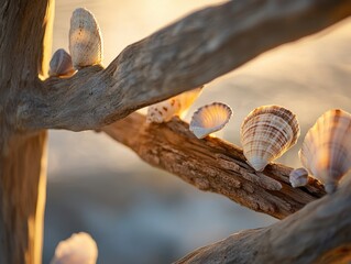 Obraz premium Close-up of a picture frame made from coastal driftwood and tiny seashells, placed on a sunlit outdoor patio near the sea
