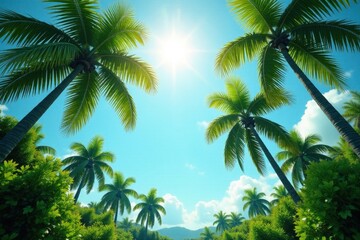 Fototapeta premium Towering palms sway gently in a tropical breeze, overhead sun shines on foliage , quiet, serene, shadow