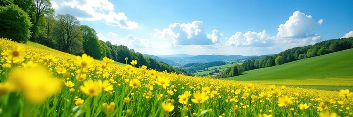 Obraz premium Yellow flower field on a sunny hillside with trees, blue sky, greenery, countryside