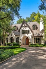 Fototapeta premium Nestled in a serene neighborhood, this stunning traditional-style house is enveloped by vibrant greenery, creating a picturesque scene on a bright, sunny day