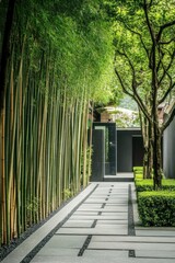 A peaceful pathway, beautifully flanked by lush bamboo and vibrant greenery, winds through a tranquil garden setting illuminated by bright daylight