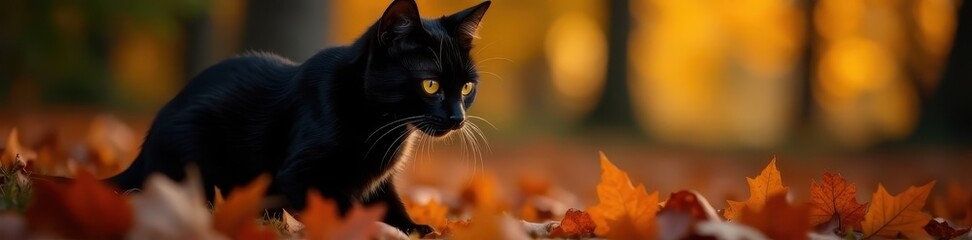 Black feline with luminous yellow eyes camouflaged in vibrant fall foliage , fall, creepy, woods