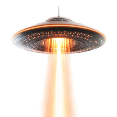 ufo realistic, orange beam, white background