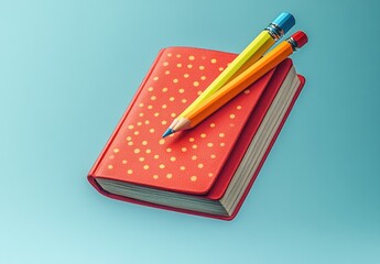 Cute floating red notebook and colorful pencils on a pastel blue background in cartoon style
