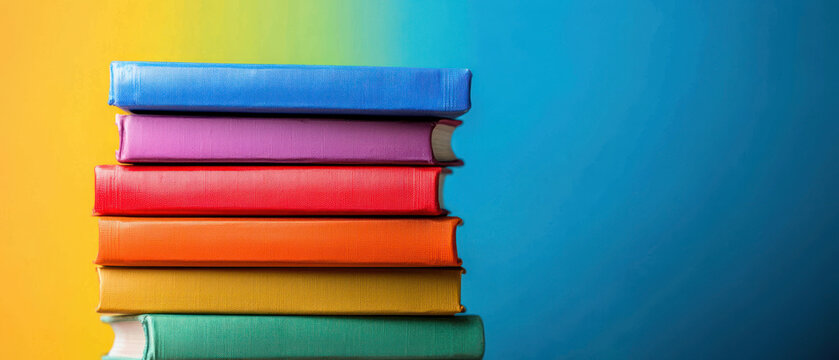 Stack of colorful books representing LGBTQ history and rights activism, perfect for pride month.