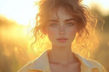 Sunset Portrait of Young Woman with Curly Hair in Yellow Denim Jacket
