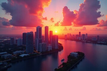 Fototapeta premium Miami skyline sunset, vibrant colors, urban landscape, scene, golden hour