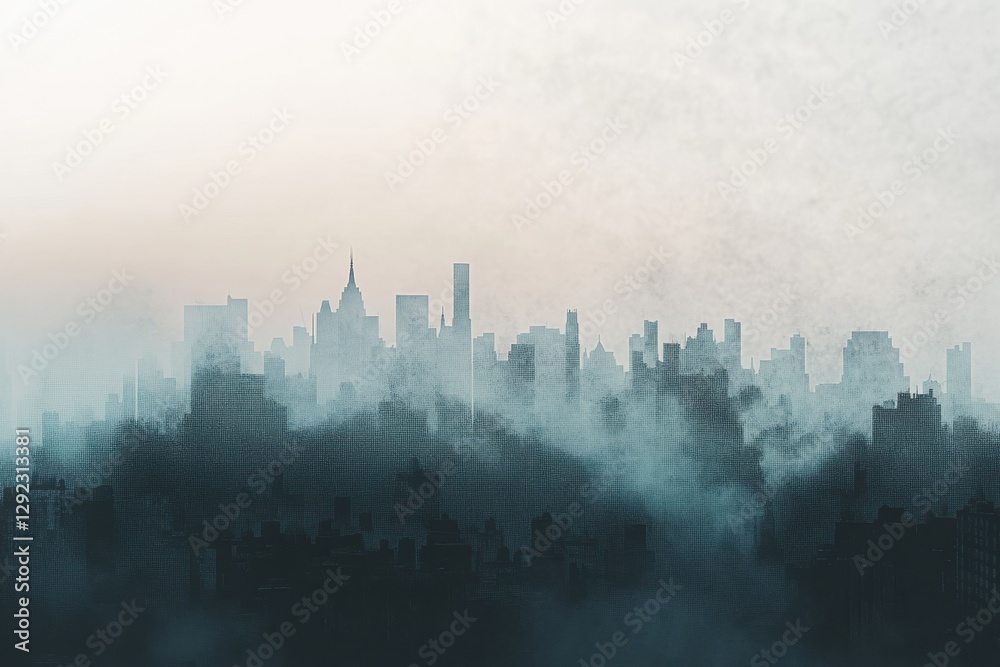 Poster city skyline shrouded in gray smog with faint outlines of buildings and ample sky space for text. ge