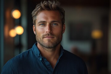Portrait of a confident young Asian businessman in navy shirt smiling in soft light with a modern aesthetic