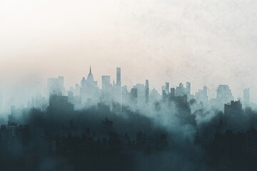 Fototapeta premium City skyline shrouded in gray smog with faint outlines of buildings and ample sky space for text. Generative AI