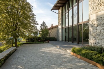 Fototapeta premium A contemporary stone house featuring expansive windows, elegantly nestled amidst vibrant greenery, radiates charm on a bright, sunny day