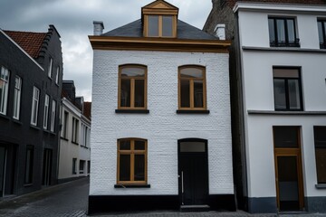 Obraz premium Modern white and black house with wooden accents in a quaint street, showcasing unique architectural design and contrasting colors against an overcast sky