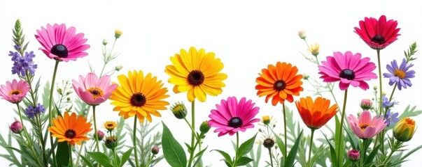 Vibrant wildflowers, diverse blooms, isolated on white , white background, colorful, high resolution