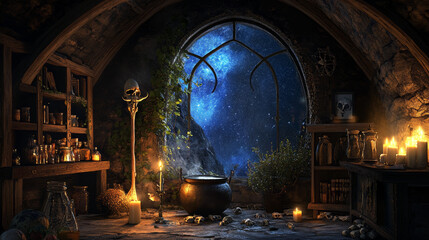 Magic room interior with witch stuff cauldron, staff with bird skull, burning candles, potion in beakers, bones and potted plant front of arch window with starry sky view, pc game cartoon illustration